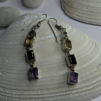 925 Sterling Silver Amethyst & Garnet & Citrine Earrings Length 2.30 Inch