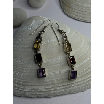 925 Sterling Silver Amethyst & Garnet & Citrine Earrings Length 2.30 inch