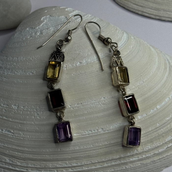 925 Sterling Silver Amethyst & Garnet & Citrine Earrings Length 2.30 Inch