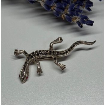925 Sterling Silver Ruby & Marcasite Lizard Brooch