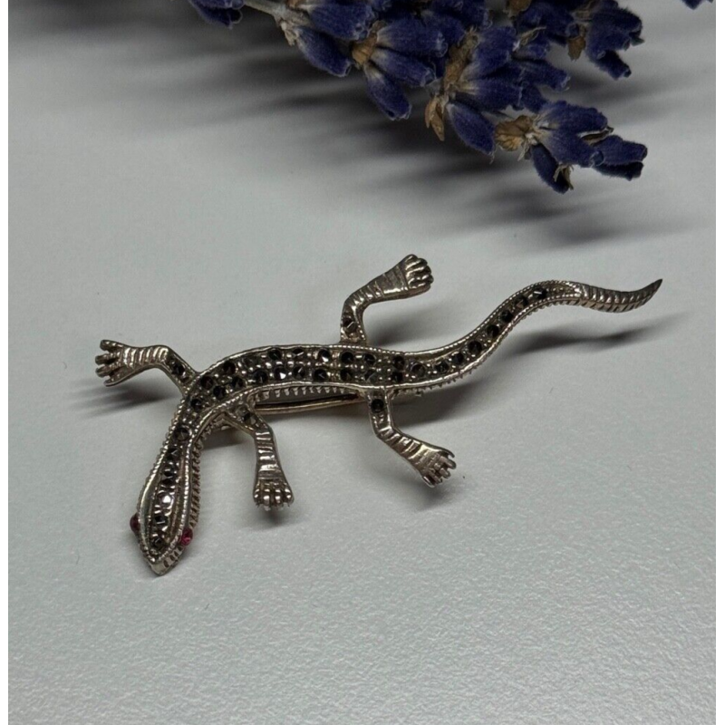 925 Sterling Silver Ruby & Marcasite Lizard Brooch