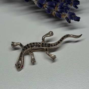925 Sterling Silver Ruby & Marcasite Lizard Brooch