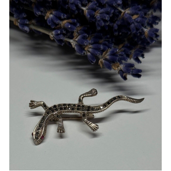 925 Sterling Silver Ruby & Marcasite Lizard Brooch