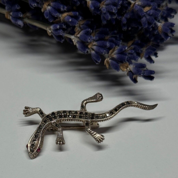 925 Sterling Silver Ruby & Marcasite Lizard Brooch