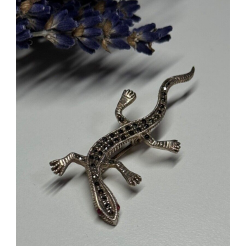 925 Sterling Silver Ruby & Marcasite Lizard Brooch