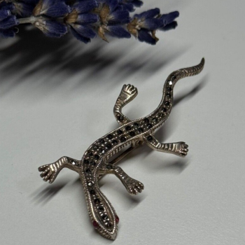 925 Sterling Silver Ruby & Marcasite Lizard Brooch