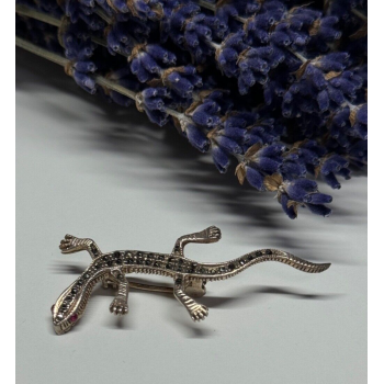 925 Sterling Silver Ruby & Marcasite Lizard Brooch