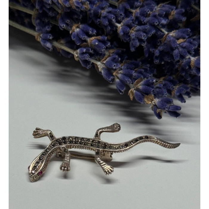 925 Sterling Silver Ruby & Marcasite Lizard Brooch