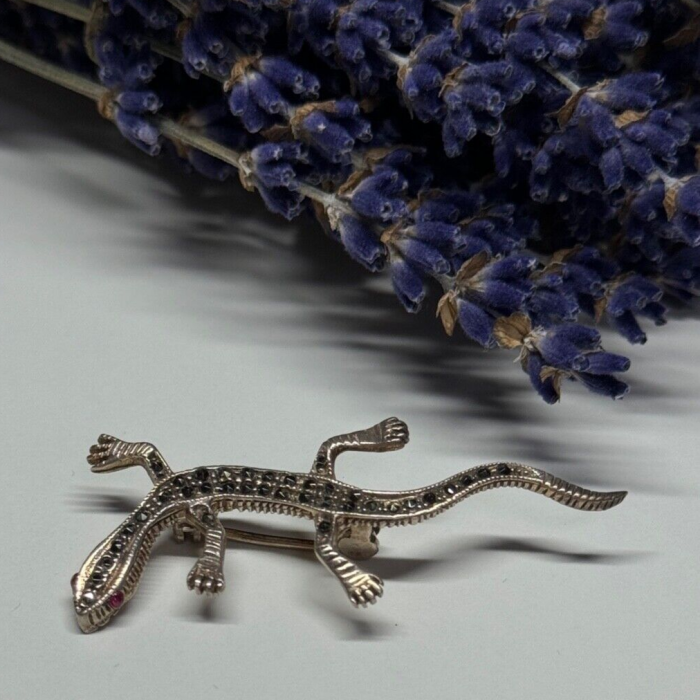 925 Sterling Silver Ruby & Marcasite Lizard Brooch