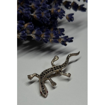925 Sterling Silver Ruby & Marcasite Lizard Brooch