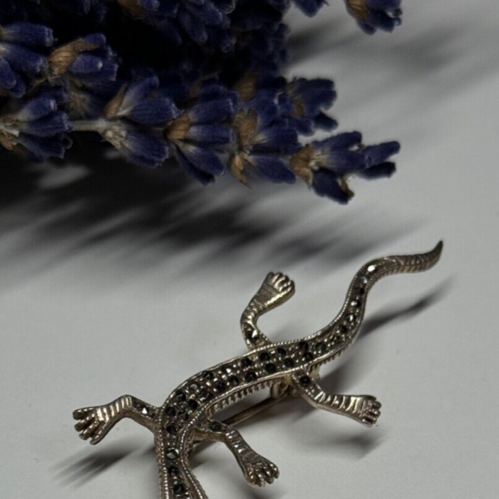 925 Sterling Silver Ruby & Marcasite Lizard Brooch