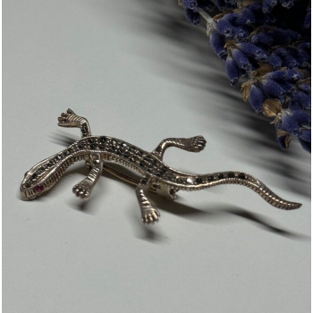925 Sterling Silver Ruby & Marcasite Lizard Brooch