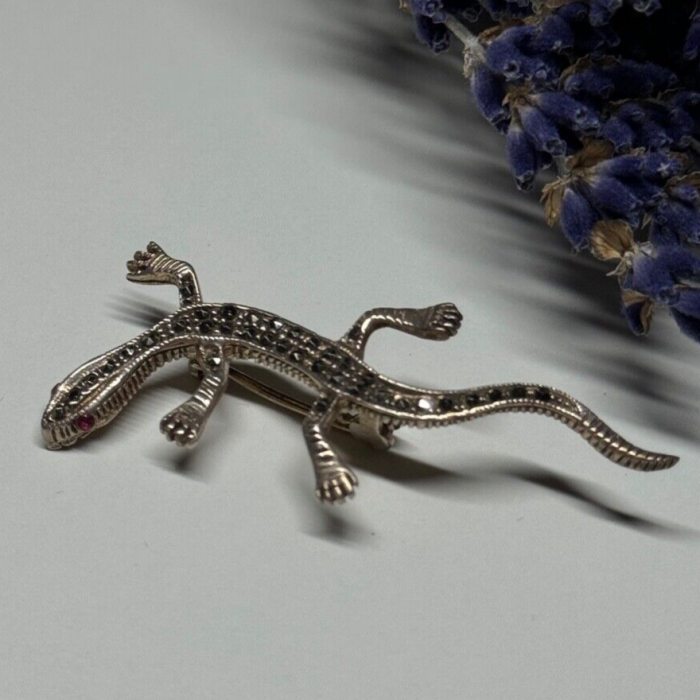925 Sterling Silver Ruby & Marcasite Lizard Brooch