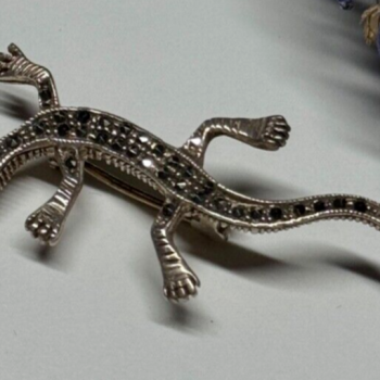 925 Sterling Silver Ruby & Marcasite Lizard Brooch