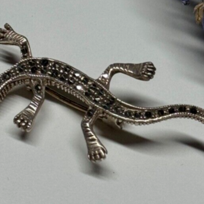 925 Sterling Silver Ruby & Marcasite Lizard Brooch
