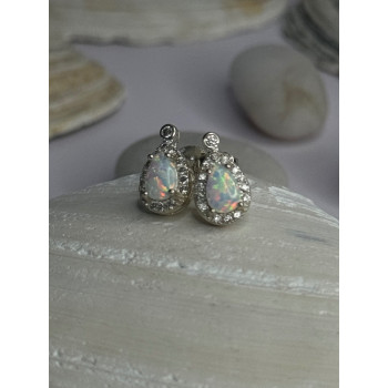 925 Sterling Silver Opal & Beryl Stud Earrings Length 0.4 inch