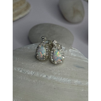 925 Sterling Silver Opal & Beryl Stud Earrings Length 0.4 inch