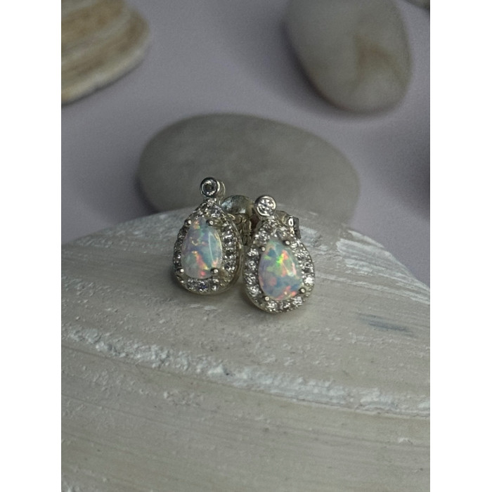 925 Sterling Silver Opal & Beryl Stud Earrings Length 0.4 inch