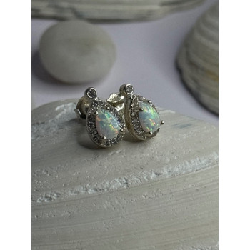 925 Sterling Silver Opal & Beryl Stud Earrings Length 0.4 inch