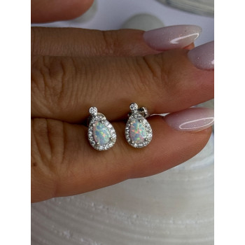 925 Sterling Silver Opal & Beryl Stud Earrings Length 0.4 inch