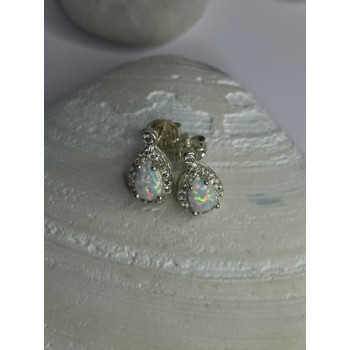 925 Sterling Silver Opal & Beryl Stud Earrings Length 0.4 inch