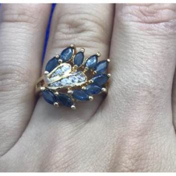 925 Sterling Silver Gold Plated Sapphire & CZ Ring Size 7