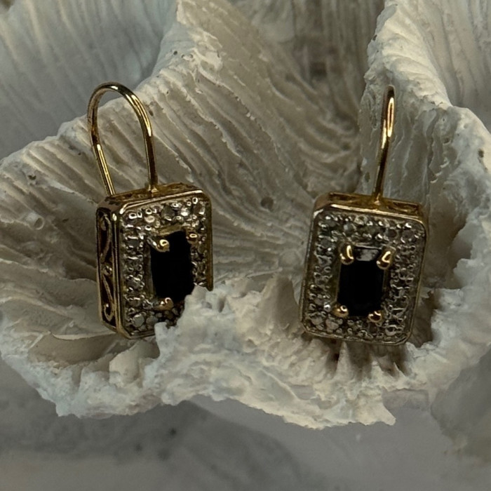 925 Sterling Silver Gold Plated Sapphire Earrings Length 0.70 Inch