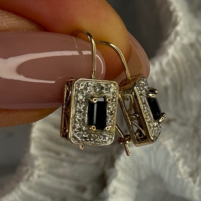 925 Sterling Silver Gold Plated Sapphire Earrings Length 0.70 Inch