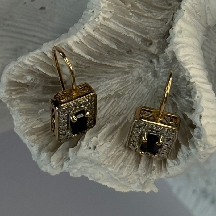 925 Sterling Silver Gold Plated Sapphire Earrings Length 0.70 Inch