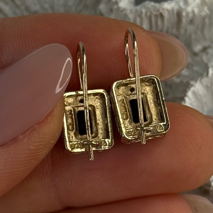 925 Sterling Silver Gold Plated Sapphire Earrings Length 0.70 Inch