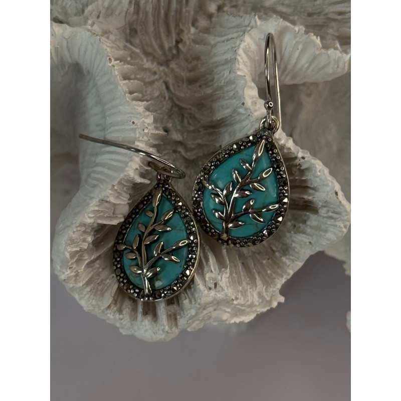 925 Sterling Silver Turquoise & Marcasite Earrings Length 1.20 inch