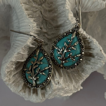 925 Sterling Silver Turquoise & Marcasite Earrings Length 1.20 Inch