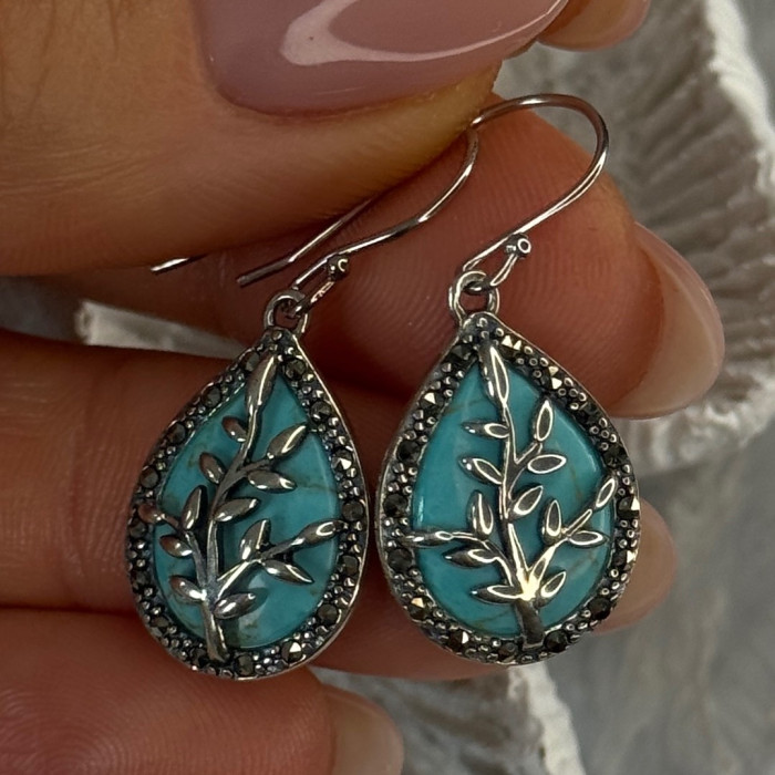 925 Sterling Silver Turquoise & Marcasite Earrings Length 1.20 Inch