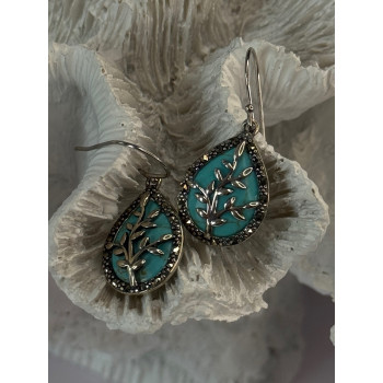 925 Sterling Silver Turquoise & Marcasite Earrings Length 1.20 inch