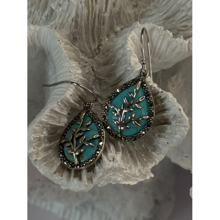 925 Sterling Silver Turquoise & Marcasite Earrings Length 1.20 inch