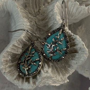 925 Sterling Silver Turquoise & Marcasite Earrings Length 1.20 Inch