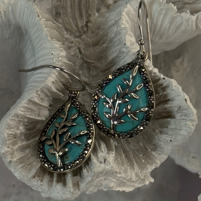925 Sterling Silver Turquoise & Marcasite Earrings Length 1.20 Inch