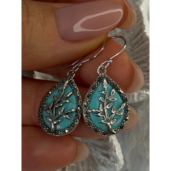 925 Sterling Silver Turquoise & Marcasite Earrings Length 1.20 inch
