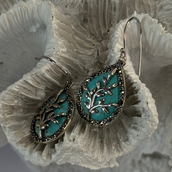 925 Sterling Silver Turquoise & Marcasite Earrings Length 1.20 Inch