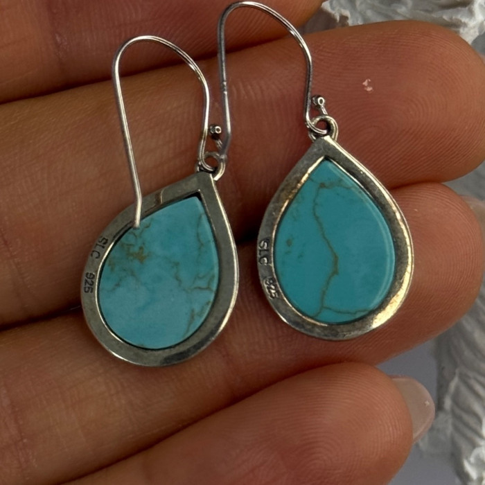 925 Sterling Silver Turquoise & Marcasite Earrings Length 1.20 Inch