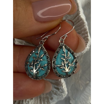 925 Sterling Silver Turquoise & Marcasite Earrings Length 1.20 inch