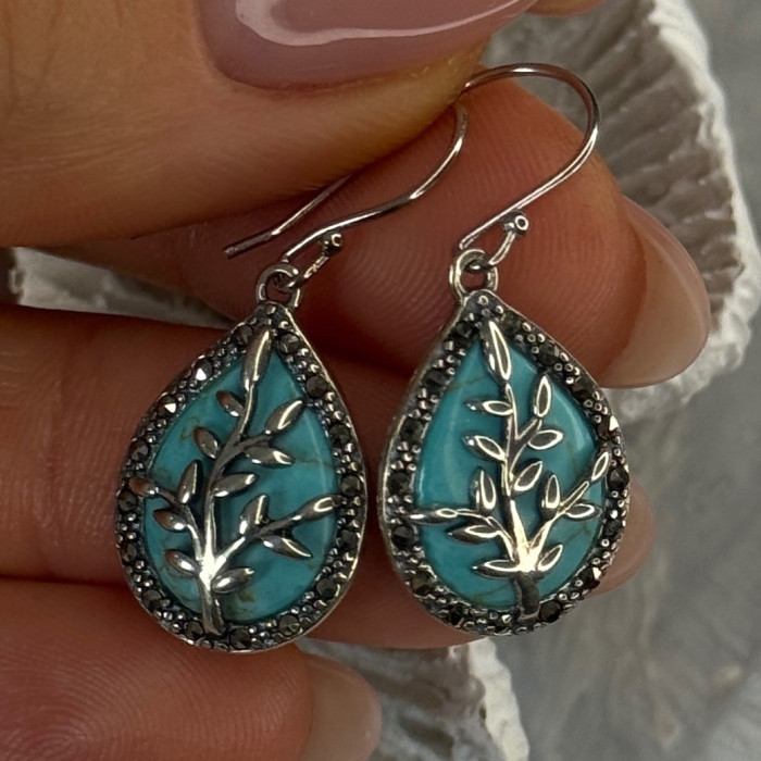 925 Sterling Silver Turquoise & Marcasite Earrings Length 1.20 Inch