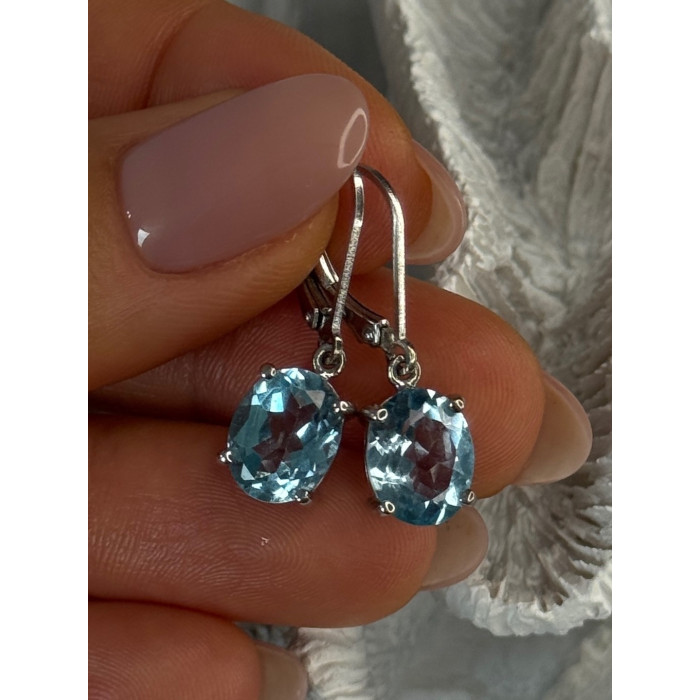 925 Sterling Silver Blue Topaz BBJ Earrings Length 1.10 inch