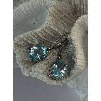 925 Sterling Silver Blue Topaz BBJ Earrings Length 1.10 inch