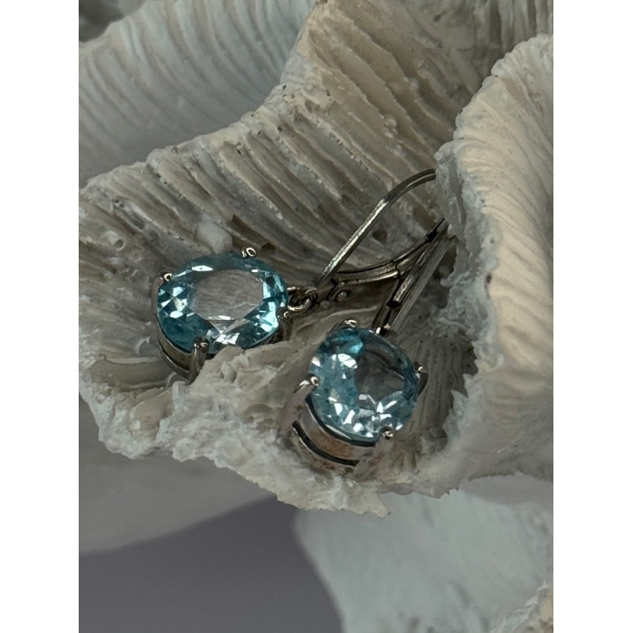925 Sterling Silver Blue Topaz BBJ Earrings Length 1.10 inch