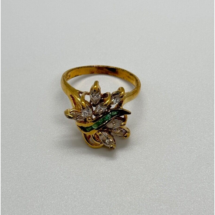 925 Sterling Silver Gold Plated Emerald & Goshenite Ring Size 8