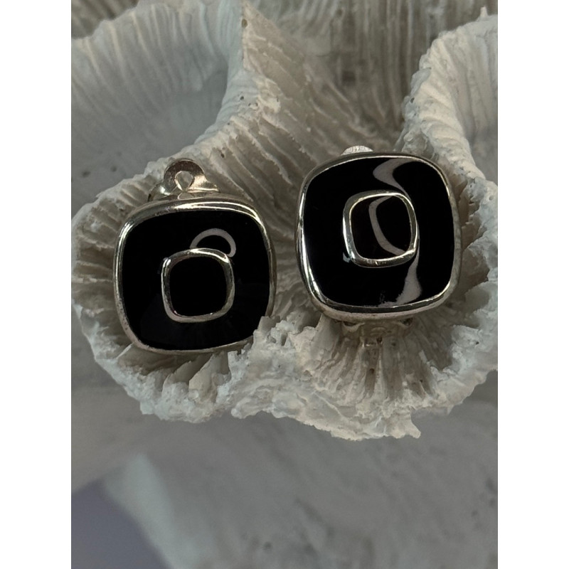 925 Sterling Silver Black & Brown Onyx Clip Earrings Length 0.60 inch