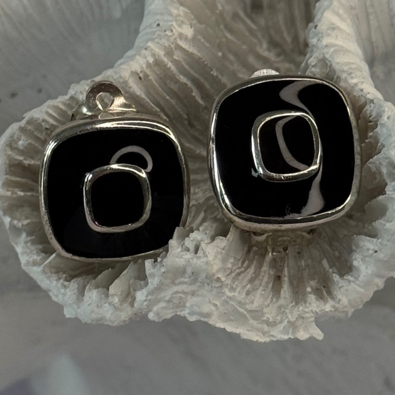 925 Sterling Silver Black & Brown Onyx Clip Earrings Length 0.60 Inch