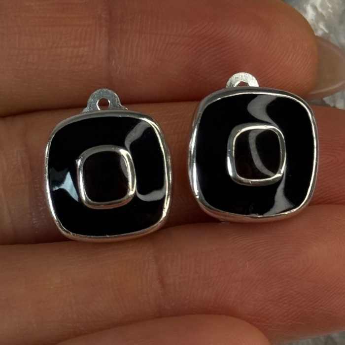 925 Sterling Silver Black & Brown Onyx Clip Earrings Length 0.60 Inch