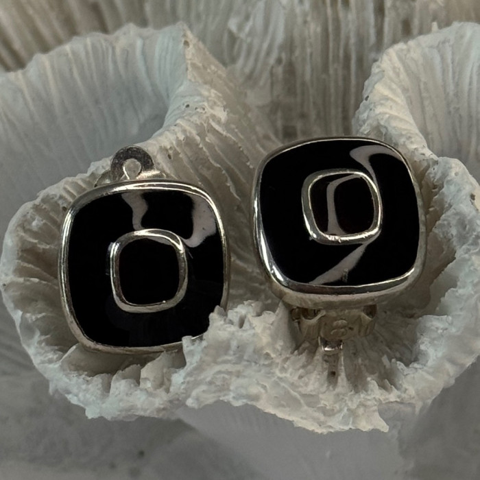 925 Sterling Silver Black & Brown Onyx Clip Earrings Length 0.60 Inch